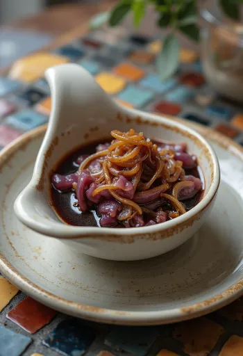Sos de vin roșu cu ceapă caramelizată servit