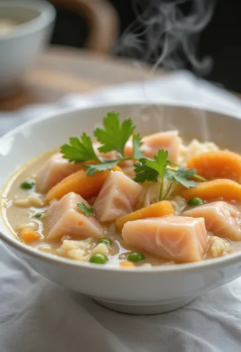 Supă cremoasă kasu jiru cu bucăți de somon