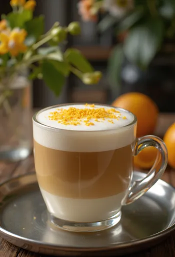 Băutură de cafea Latte cu portocale și vanilie, decorată cu frișcă și felie de portocală