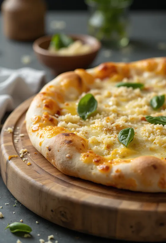 Pizza albă servită cu ricotta, mozzarella și condimente proaspete