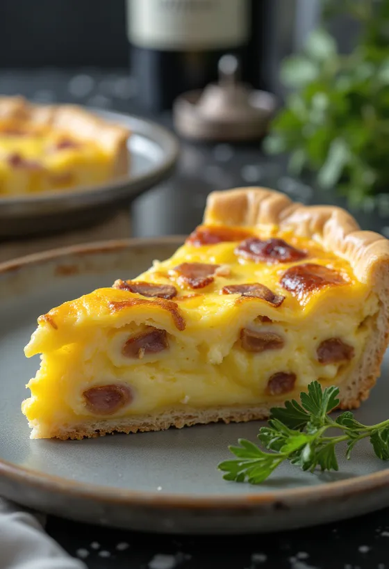 Quiche Lorraine clasic, în aluat fraged crocant cu umplutură cremoasă, bucăți de bacon și brânză