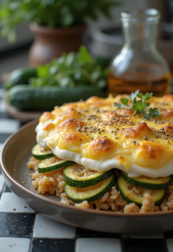 Musaca de dovlecei stratificată cu carne și orez în vas termorezistent