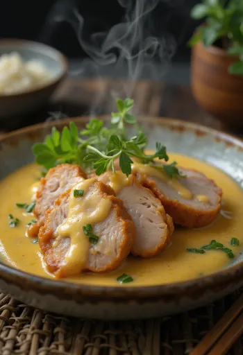 Cotlet de porc în sos de muștar servit