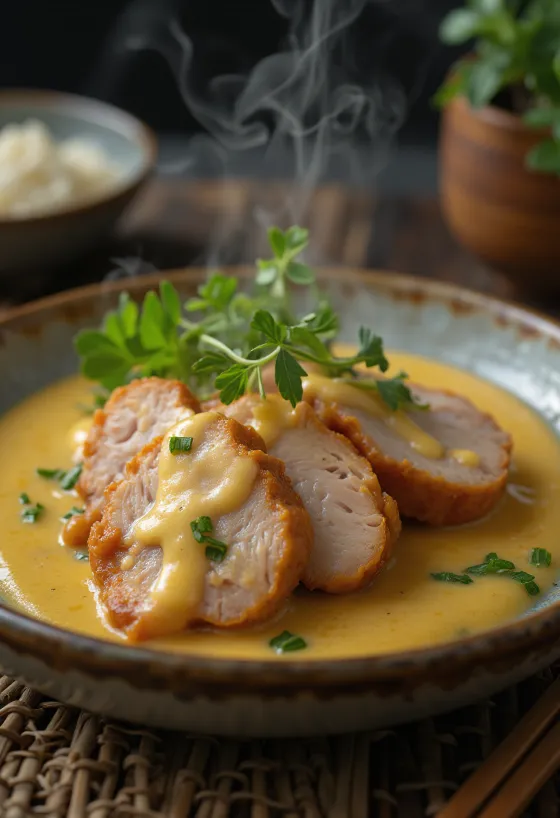 Cotlet de porc în sos de muștar servit