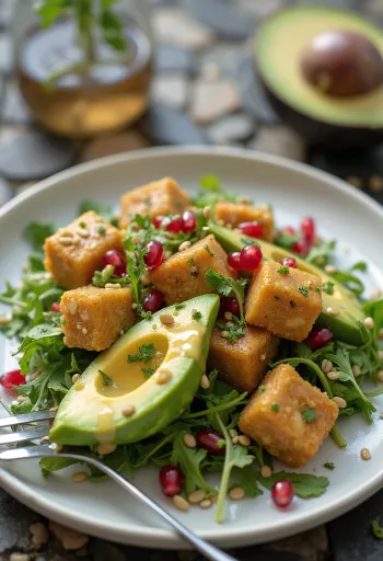 Tofu prăjit cu avocado și rodie