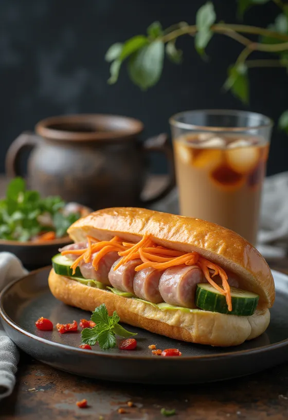 Bánh Mì Chả Lụa sandviș cu mezel vietnamez, servit cu legume proaspete și coriandru.