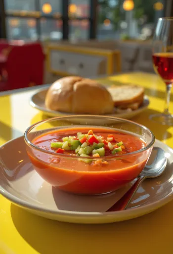 Gazpacho proaspăt servit rece ca gheața, decorat cu legume tăiate mărunt