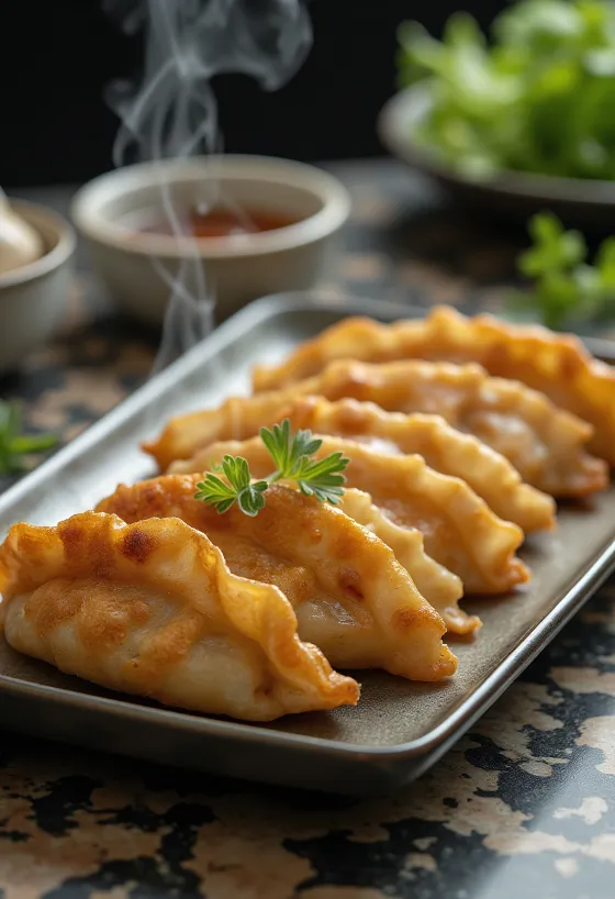 Pachețele gyoza cu pui prăjite crocant, servite pe farfurie
