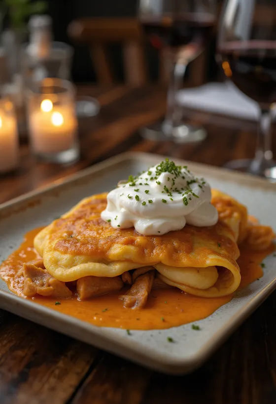 Clătite Hortobágyi cu carne, servite cu smântână și pătrunjel proaspăt