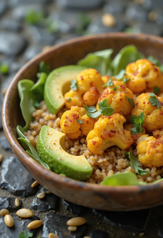 Buddha bowl picant cu conopidă servit
