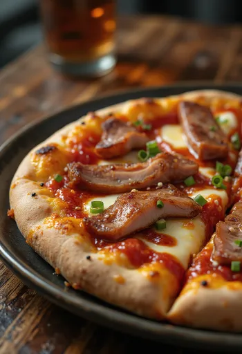 Pizza chinezească cu carne de porc Char Siu servită