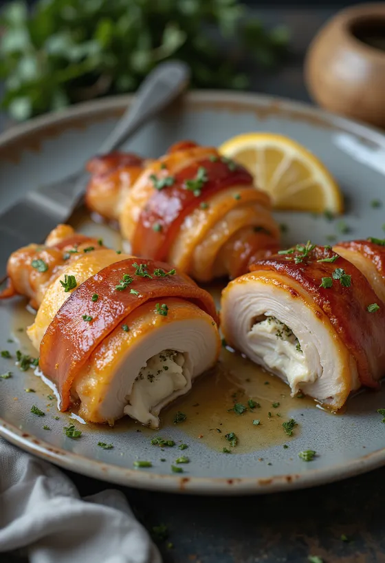 Piept de pui învelit în bacon servit cu legume la abur