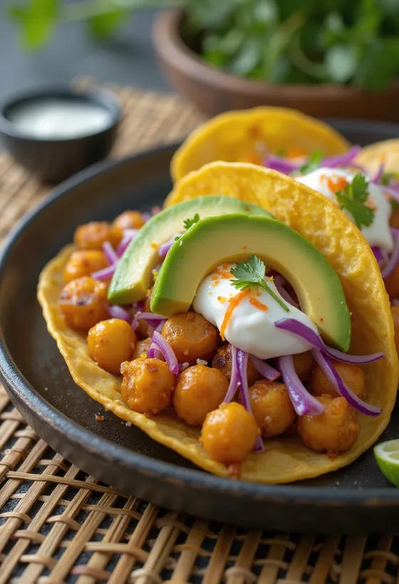 Taco cu năut, avocado și varză roșie pe o farfurie