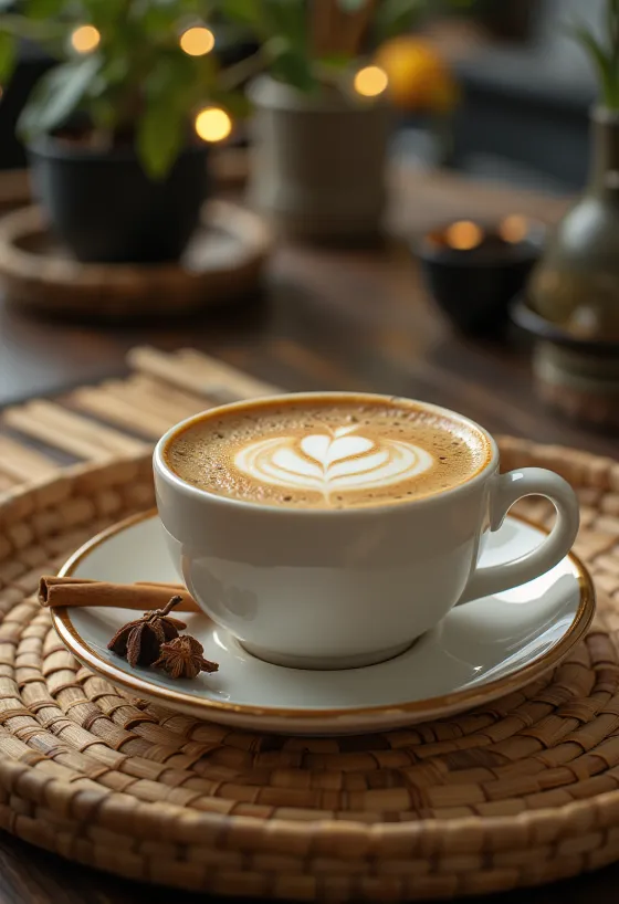 Băutură de cafea Latte cu scorțișoară și cuișoare, decorată cu baton de scorțișoară și frișcă