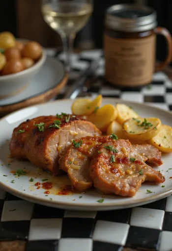Ceafă de porc cu usturoi prăjită crocant, servită cu ierburi proaspete