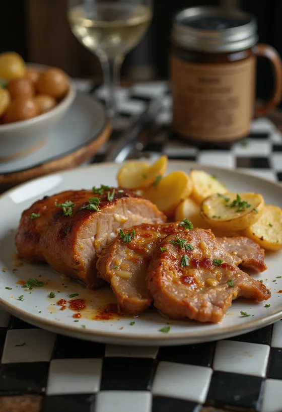 Ceafă de porc cu usturoi prăjită crocant, servită cu ierburi proaspete