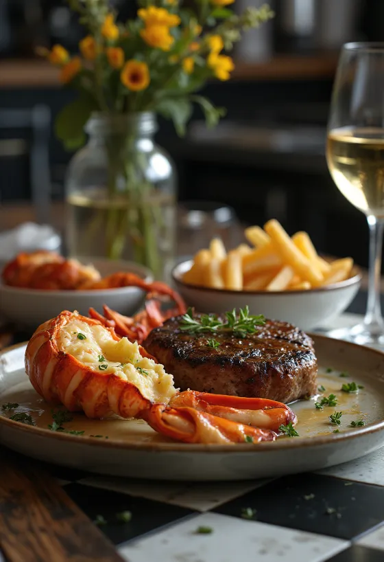 Homar și steak la grătar, fel de lux surf and turf