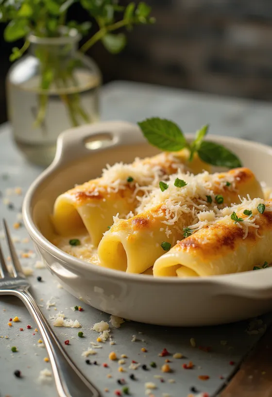 Cannelloni cu cartofi și parmezan copți cu crustă aurie