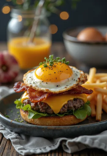 Hamburger pentru mic dejun cu bacon și ou