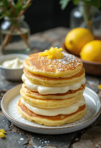 Tort de clătite cu brânză de vaci servit pe o farfurie