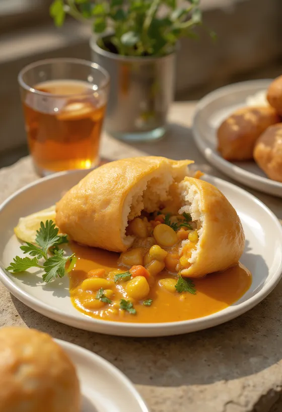 Bile de pâine vetkoek prăjite servite cu curry de legume