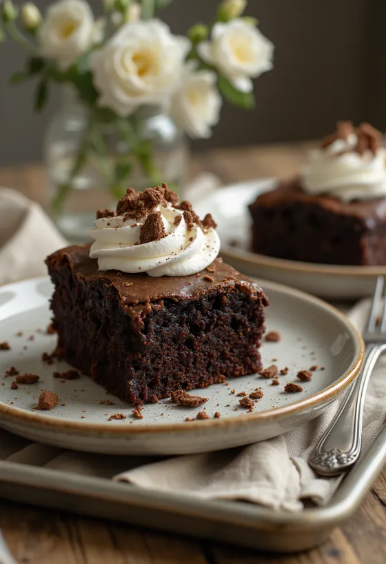 Tort Brownie cu ciocolată cu frișcă și fulgi de ciocolată