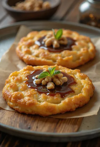 Hotteok cu nucă, aluat crocant, maro-auriu, cu umplutură de nucă