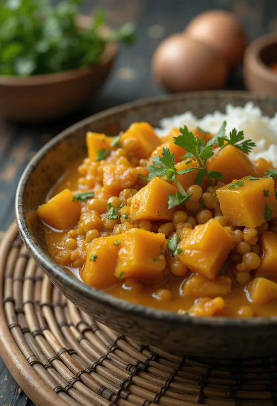Curry de linte cu cartof dulce servit