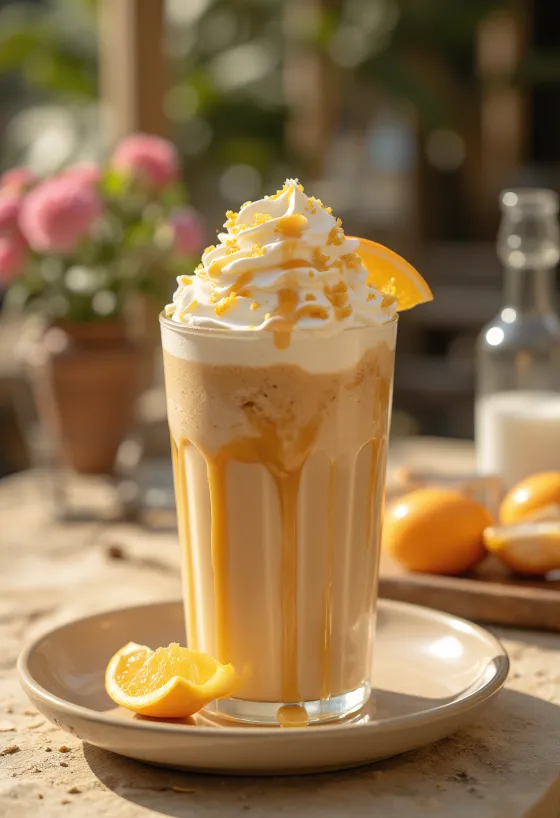 Băutură de cafea Frappé cu portocale și caramel, decorată cu frișcă și coajă de portocală