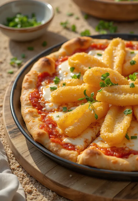 Pizza japoneză cu legume tempura servită