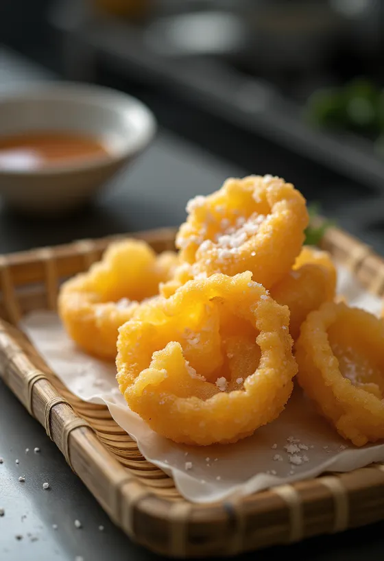Satsumaimo tempura servit proaspăt, crocant și auriu
