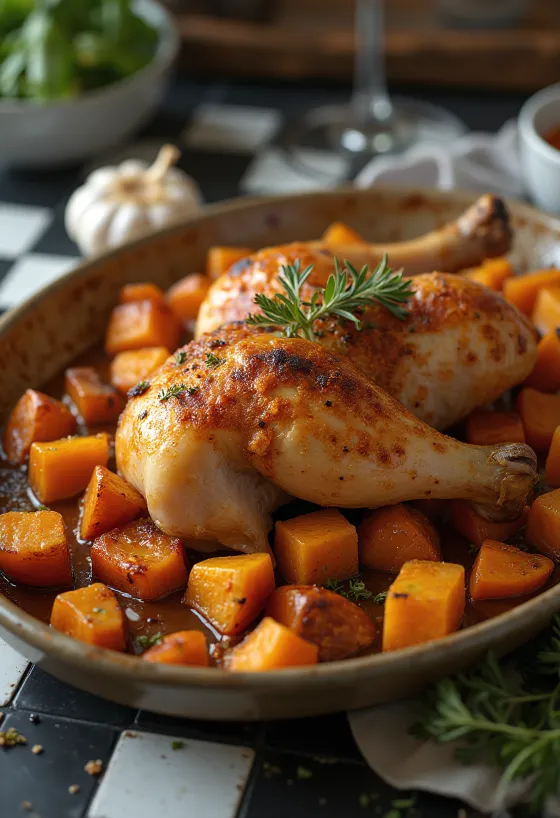 Pulpe de pui la cuptor servite cu cartofi dulci