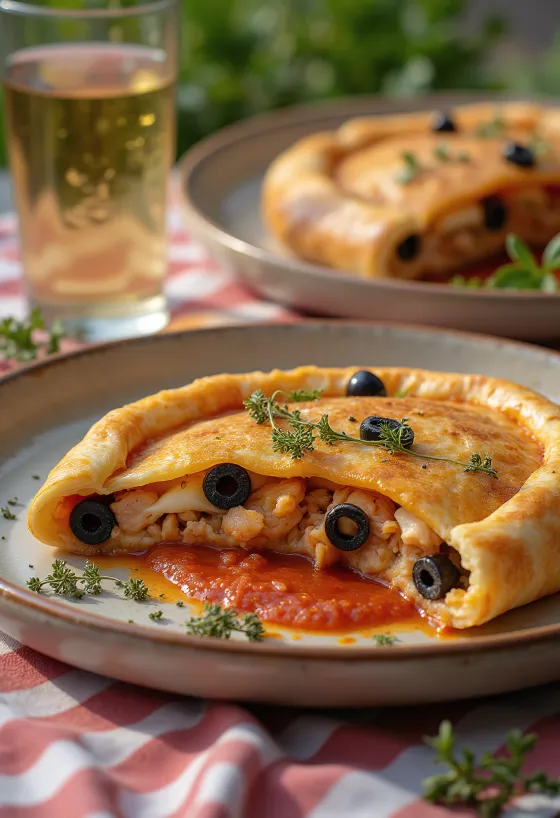 Calzone cu ton și măsline servit