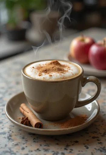 Chai latte cremos cu mere în cană cu scorțișoară