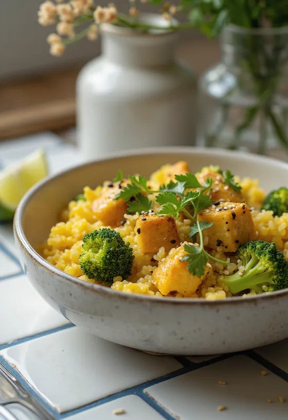 Curry de broccoli cu quinoa și tofu