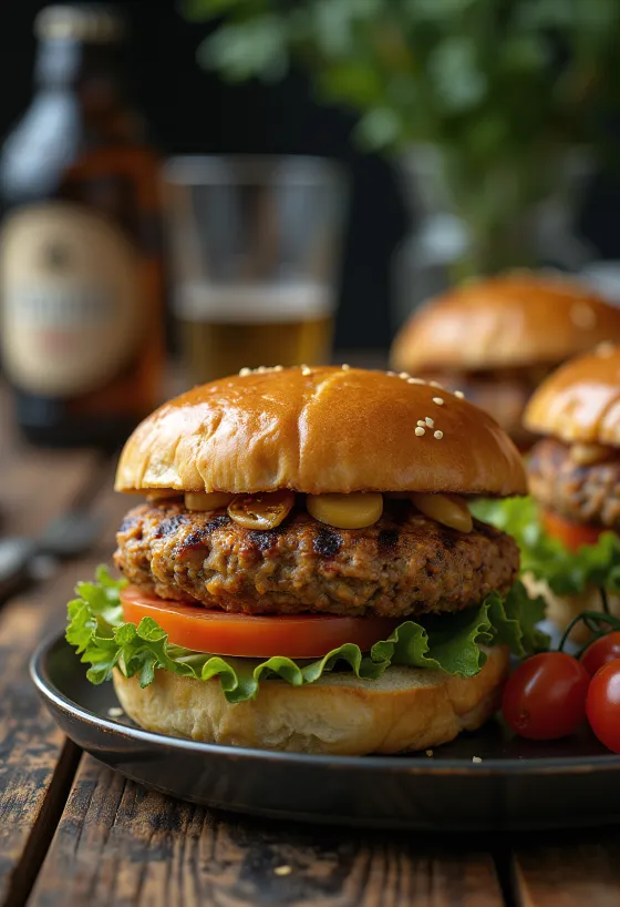 Burgeri de linte la grătar cu carne tocată, serviți cu legume proaspete și sosuri