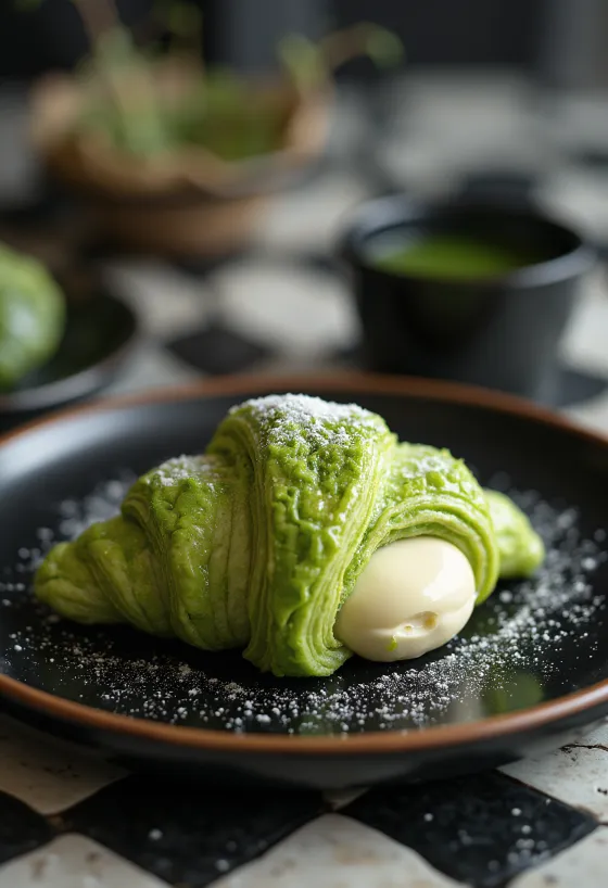 Croissant japonez cu matcha proaspăt copt