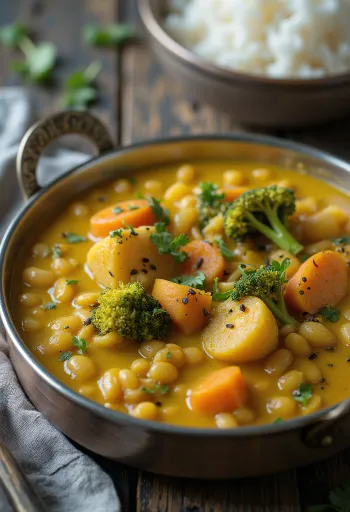 Un bol de curry Kootu cu linte, morcovi, banane de gătit și broccoli într-un sos auriu pe bază de lapte de cocos.