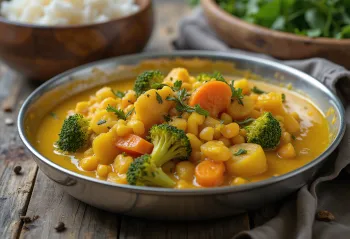 Un bol de curry Kootu cu linte, morcovi, banane de gătit și broccoli într-un sos auriu pe bază de lapte de cocos.