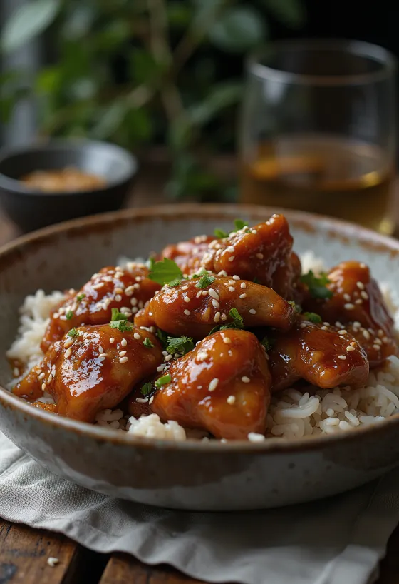 Pui cu miere prăjit auriu, presărat cu susan și verdețuri proaspete