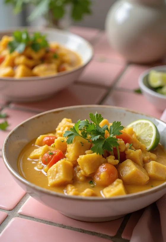 Moqueca servită cu tempeh, pește și lapte de cocos