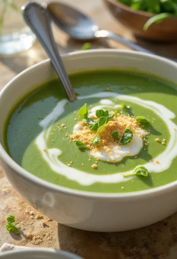 Supă cremă de spanac cremoasă servită