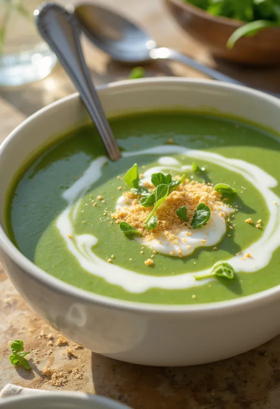 Supă cremă de spanac cremoasă servită