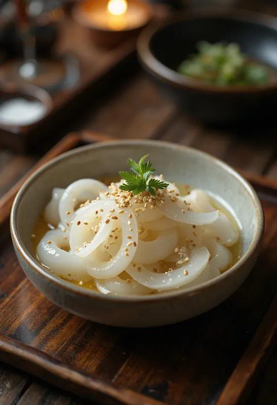 Sunomono daikon, salată japoneză cu coriandru proaspăt și semințe de susan