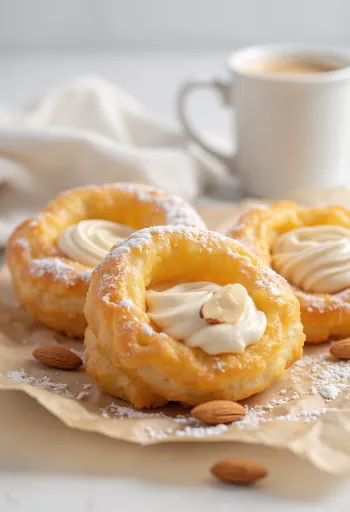 Zeppole cu cremă de migdale și zahăr pudră