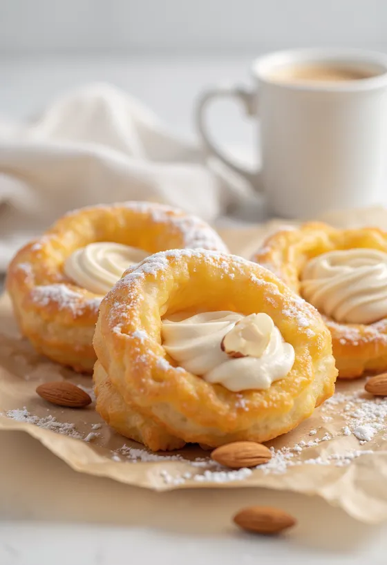 Zeppole cu cremă de migdale și zahăr pudră