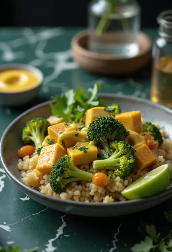 Buddha bowl cu quinoa, broccoli și tofu curry cu tahini servit