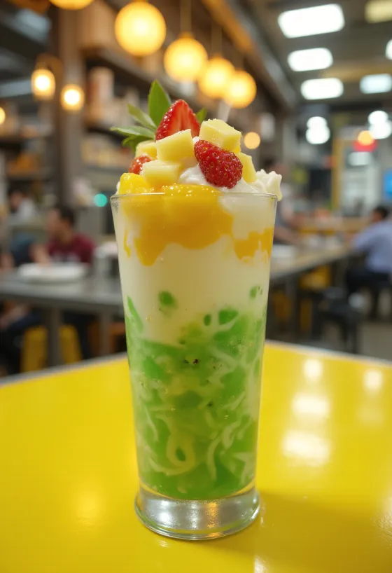 Cendol cu fructe asortate, fructe proaspete și cuburi de gheață în bază de lapte de cocos