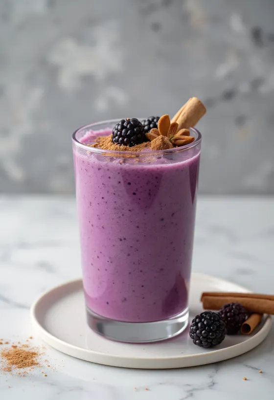 Smoothie cu scorțișoară și mure în pahar