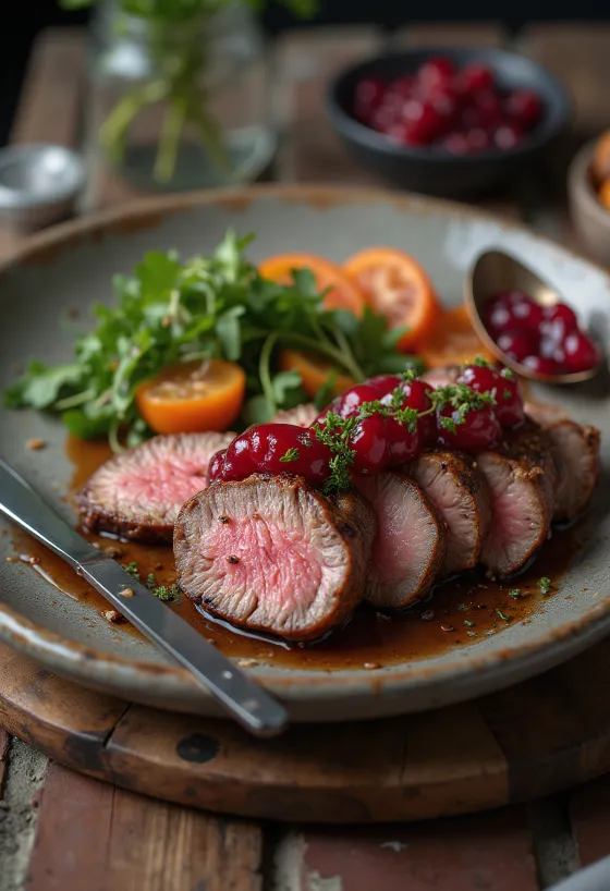 Carne de struț la grătar servită cu salată proaspătă